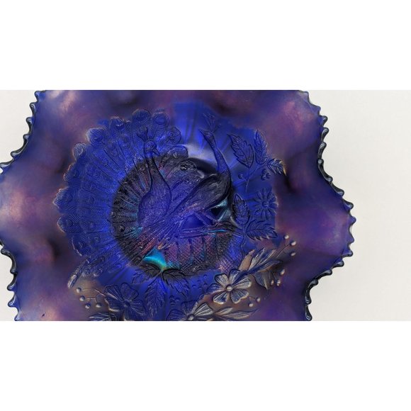 Vintage Northwood Peacocks on Fence Electric Blue Bowl Ruffle Sawtooth - Picture 3 of 16